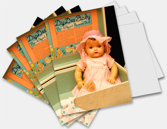 Note cards, greeting cards featuring Dy-Dee Baby and other classic antique and collectible dolls at http://www.collectornet.net/cards/dolls/