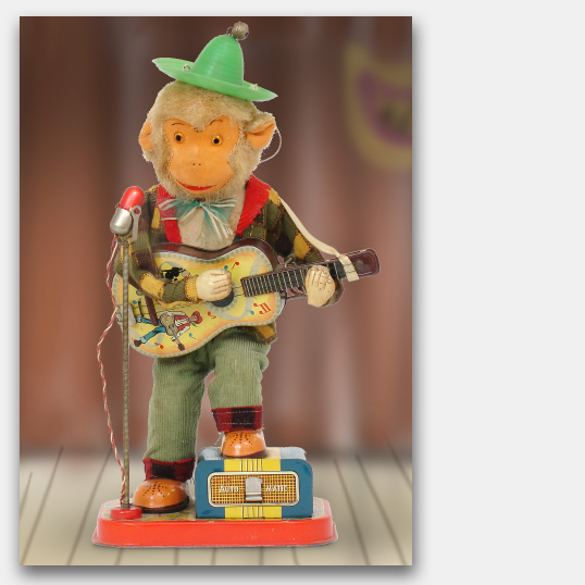 Note Cards, Greeting Cards featuring vintage antique battery-operated tin toys made in Japan Guitar Monkey