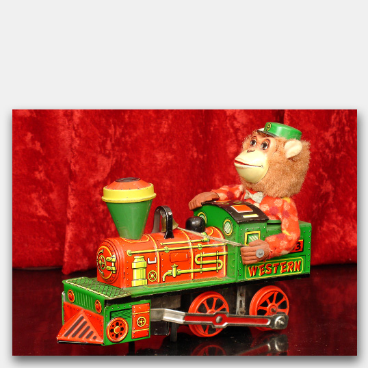 Note Cards, Greeting Cards featuring vintage antique battery-operated tin toys made in Japan Monkey Train
