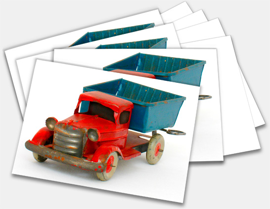 Note cards featuring classic antique and collectible toys, tin dump truck