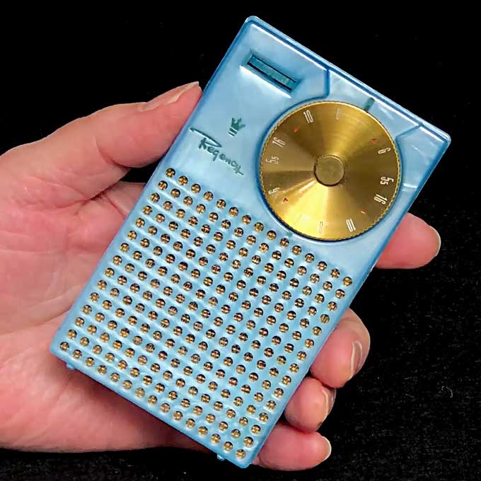 Regency TR-1 transistor radio, rare pearlescent blue at www.collectornet.net/radio/pocket