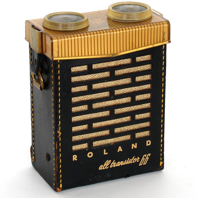 Unusual ROLAND American-made EARLY transistor radio, model 66 at www.collectornet.net/radio/portable