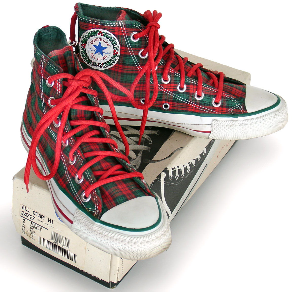 Vintage American-made Converse All Star Chuck Taylor Christmas plaid shoes for sale at http://www.collectornet.net/shoes